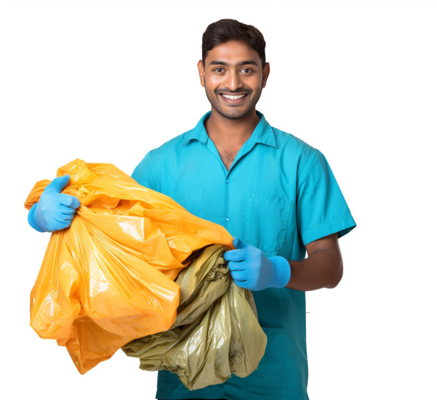 Smiling Indian laundry worker on white background