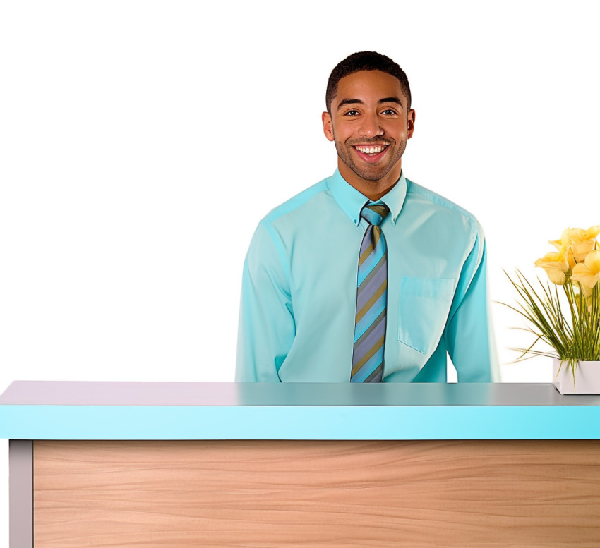 Smiling male receptionist on white background