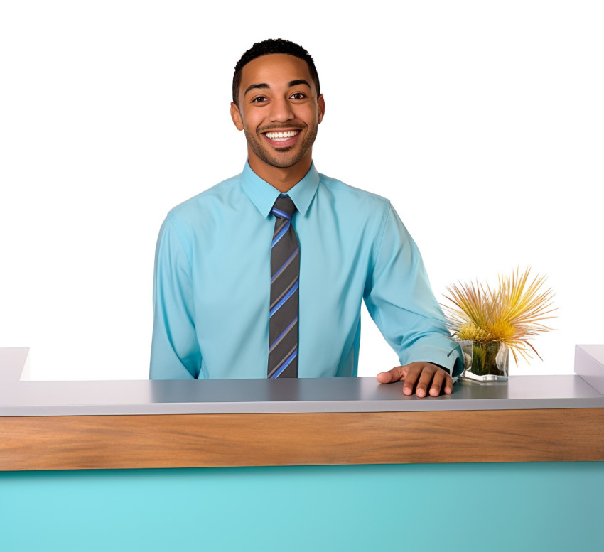 Smiling male receptionist on white background