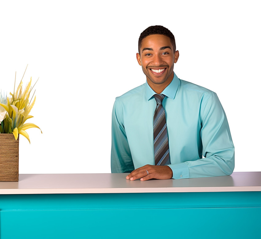 Smiling male receptionist on white background