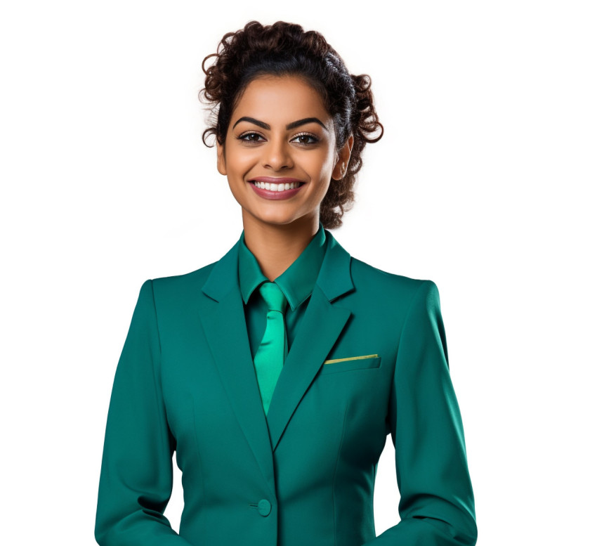 Indian concierge woman smiling at the camera on white background