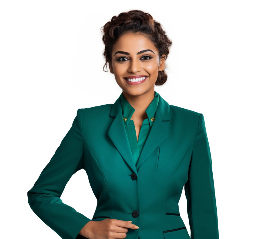 Indian concierge woman smiling at the camera on white background