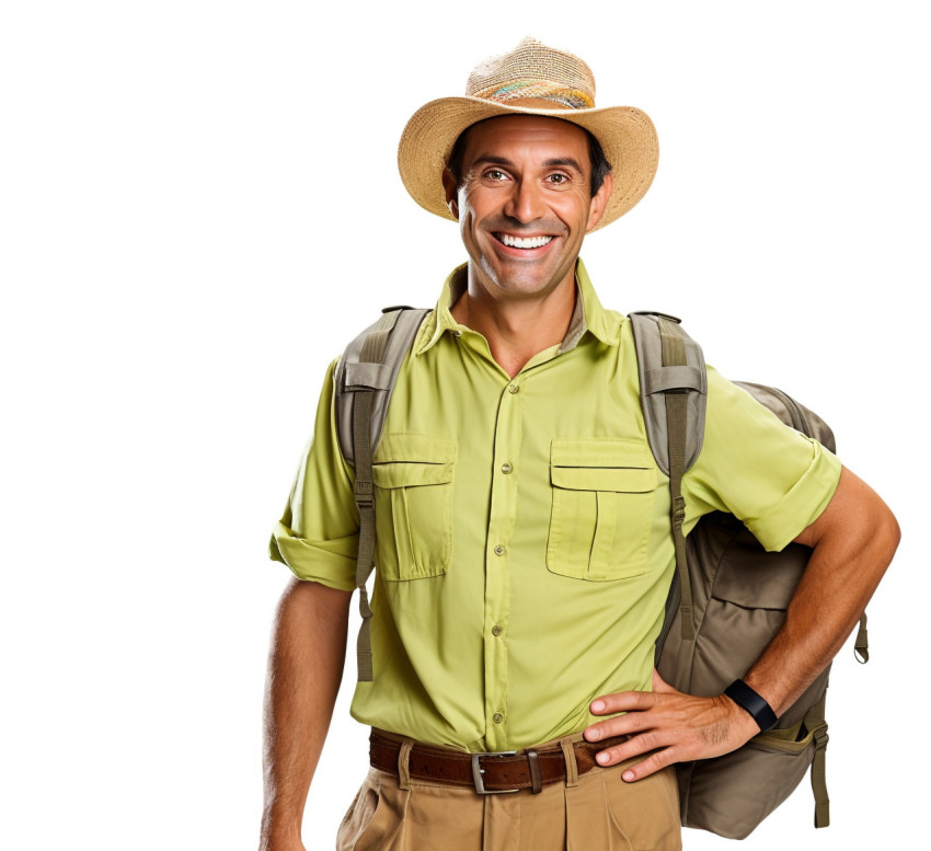 Friendly tour guide smiles on white background