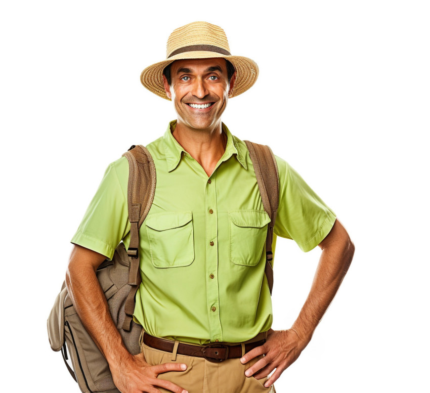 Friendly tour guide smiles on white background