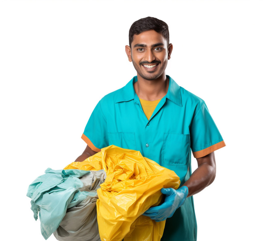 Smiling Indian laundry worker on white background