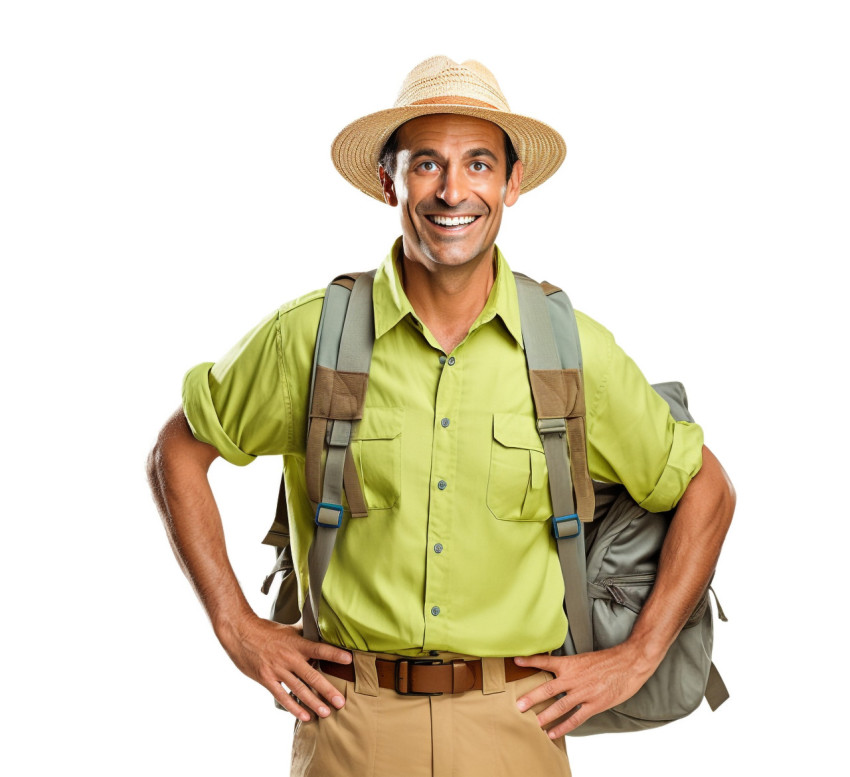 Friendly tour guide smiles on white background