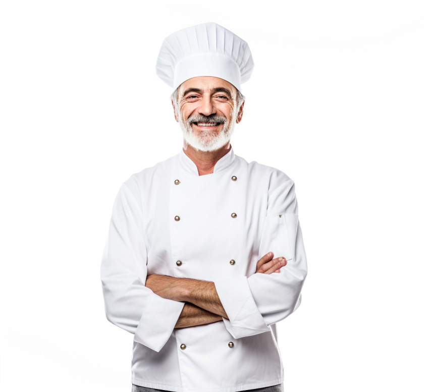 Happy male chef isolated on white background