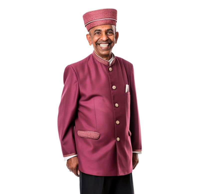 Indian doorman smiling friendly white background