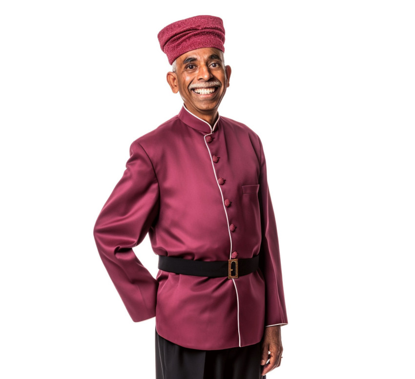 Indian doorman smiling friendly white background