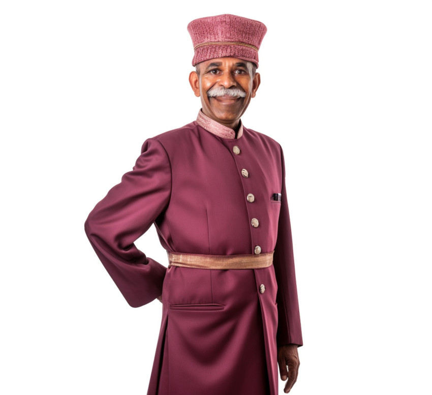 Indian doorman smiling friendly white background