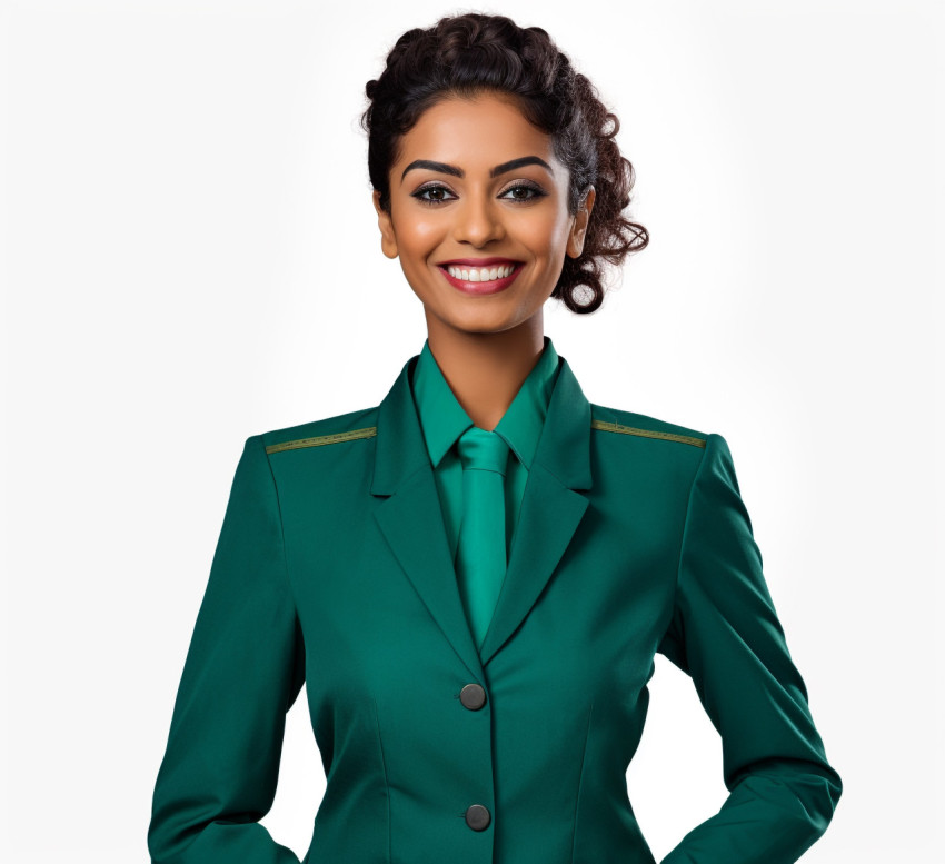 Indian concierge woman smiling at the camera on white background