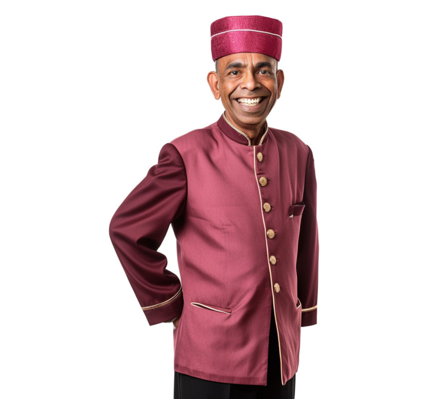 Indian doorman smiling friendly white background