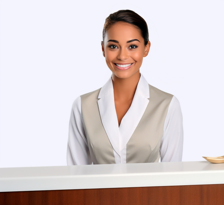 Smiling woman receptionist on white background