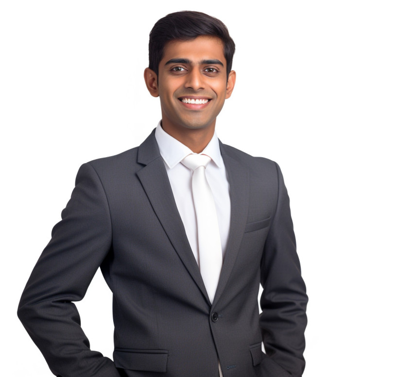 Approachable Indian paralegal with a welcoming smile against a white back