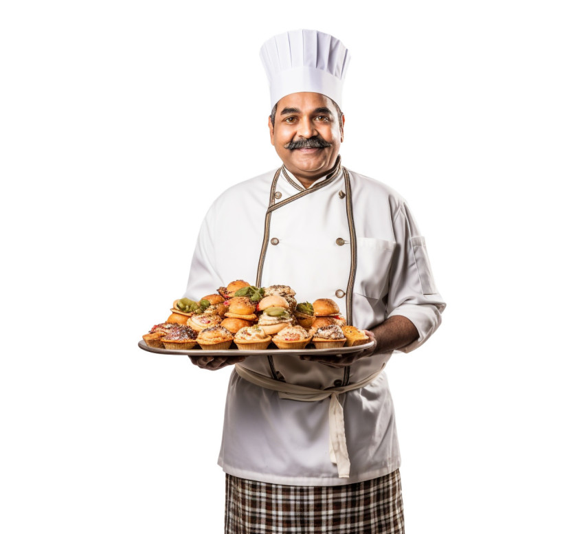 Skilled Indian chef prepares delicious pastry on white background