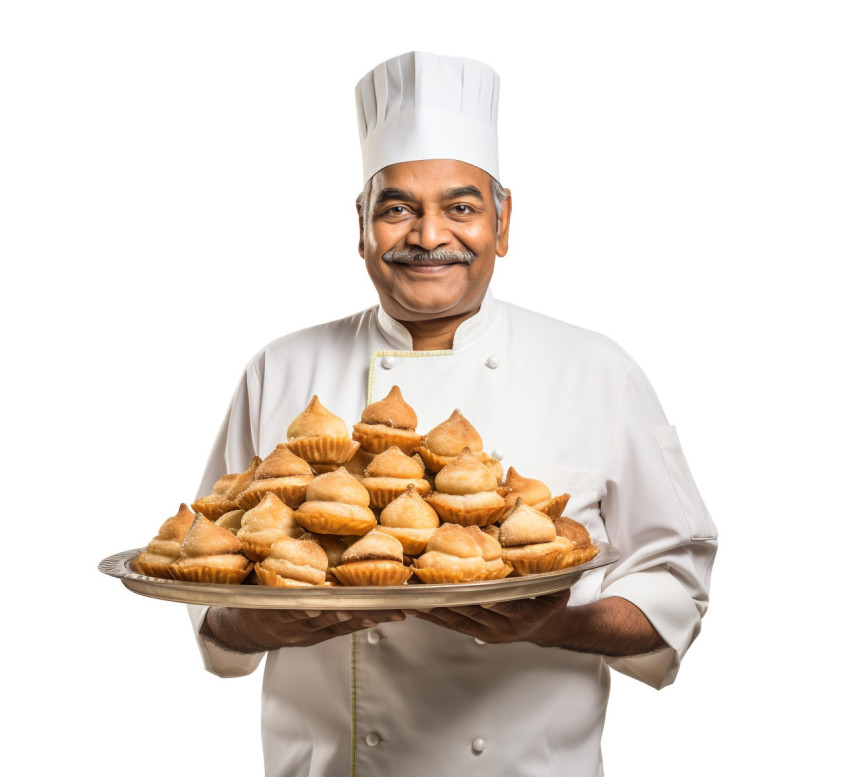 Skilled Indian chef prepares delicious pastry on white background