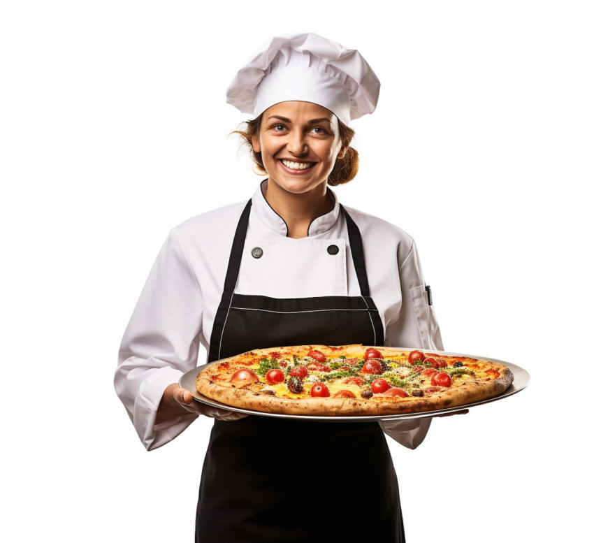 Skilled female pizza chef prepares a delicious pie on white background