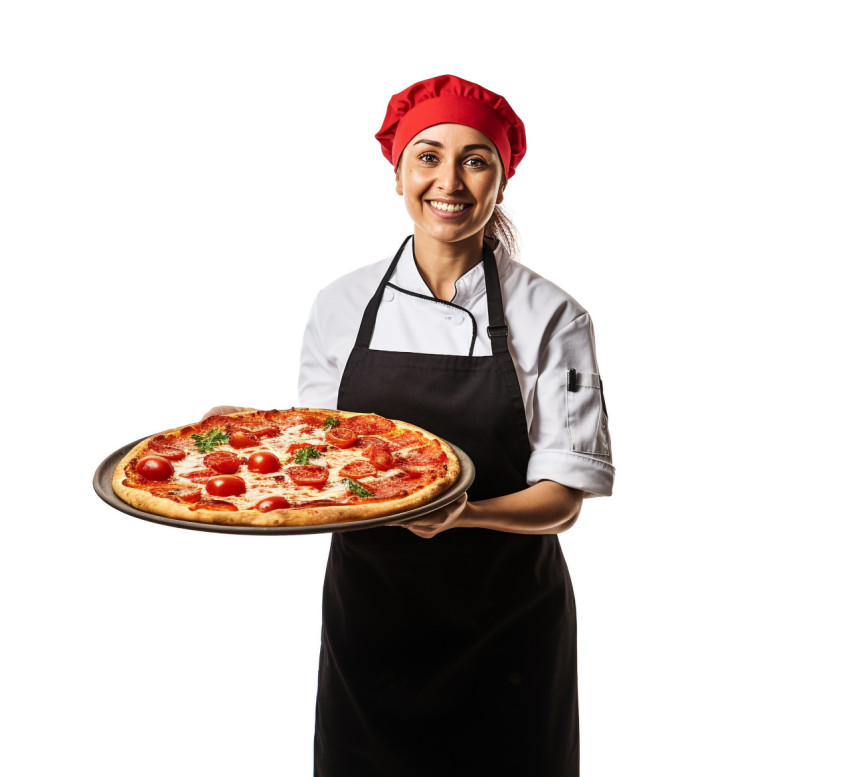 Skilled female pizza chef prepares a delicious pie on white background