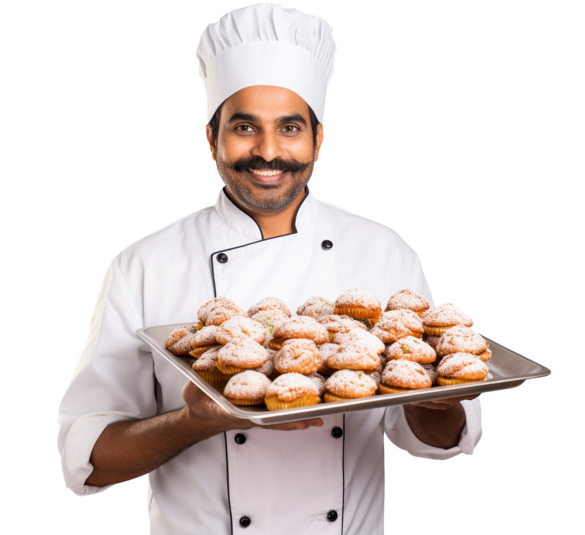 Skilled Indian chef prepares delicious pastry on white background