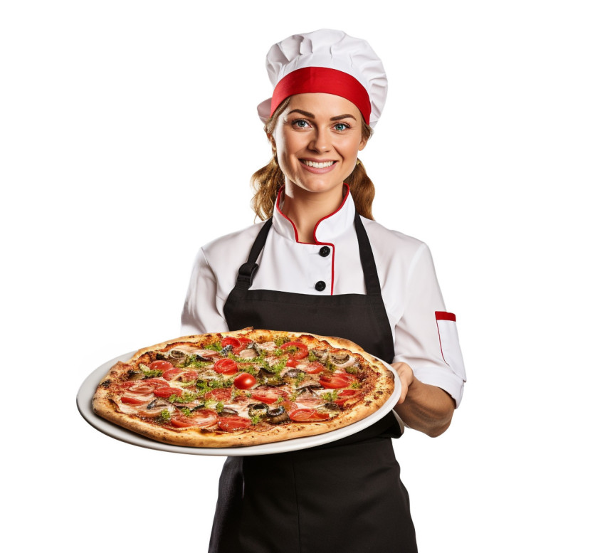 Skilled female pizza chef prepares a delicious pie on white background