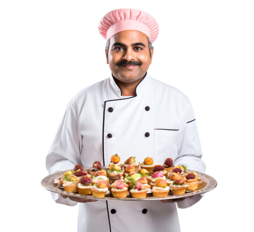 Skilled Indian chef prepares delicious pastry on white background