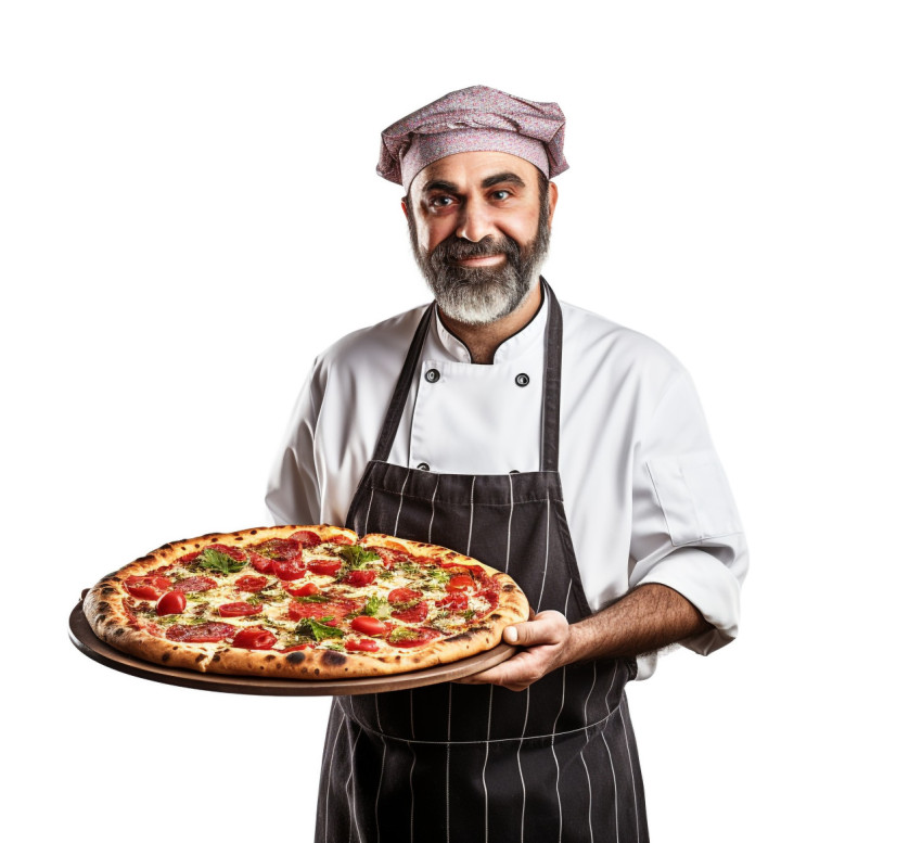 Skilled pizza chef isolated against a white background