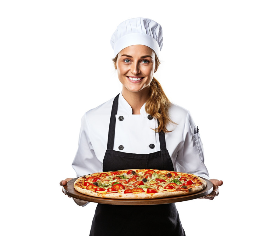 Skilled female pizza chef prepares a delicious pie on white background