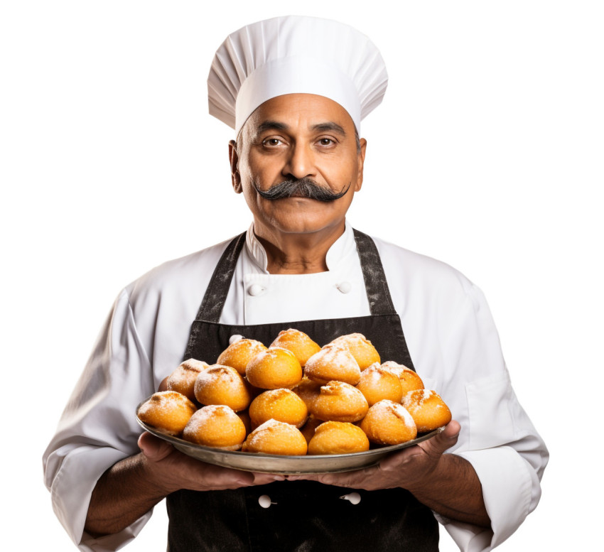 Skilled Indian chef prepares delicious pastry on white background