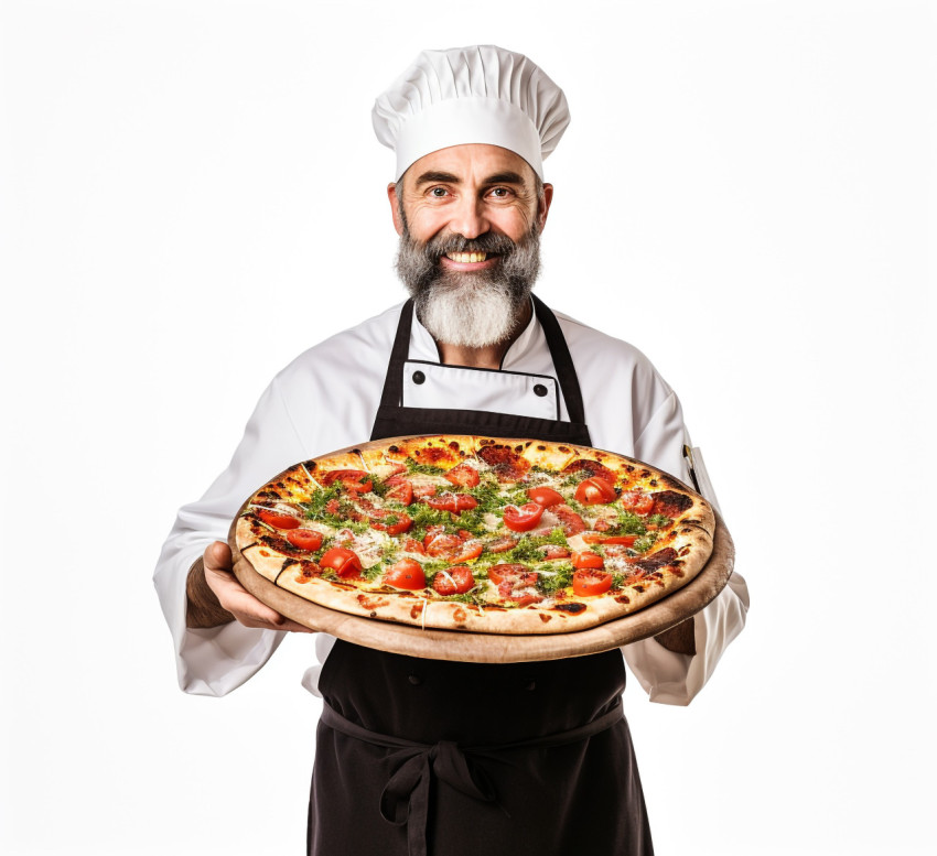 Skilled pizza chef isolated against a white background