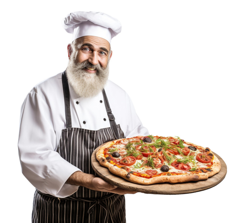 Skilled pizza chef isolated against a white background