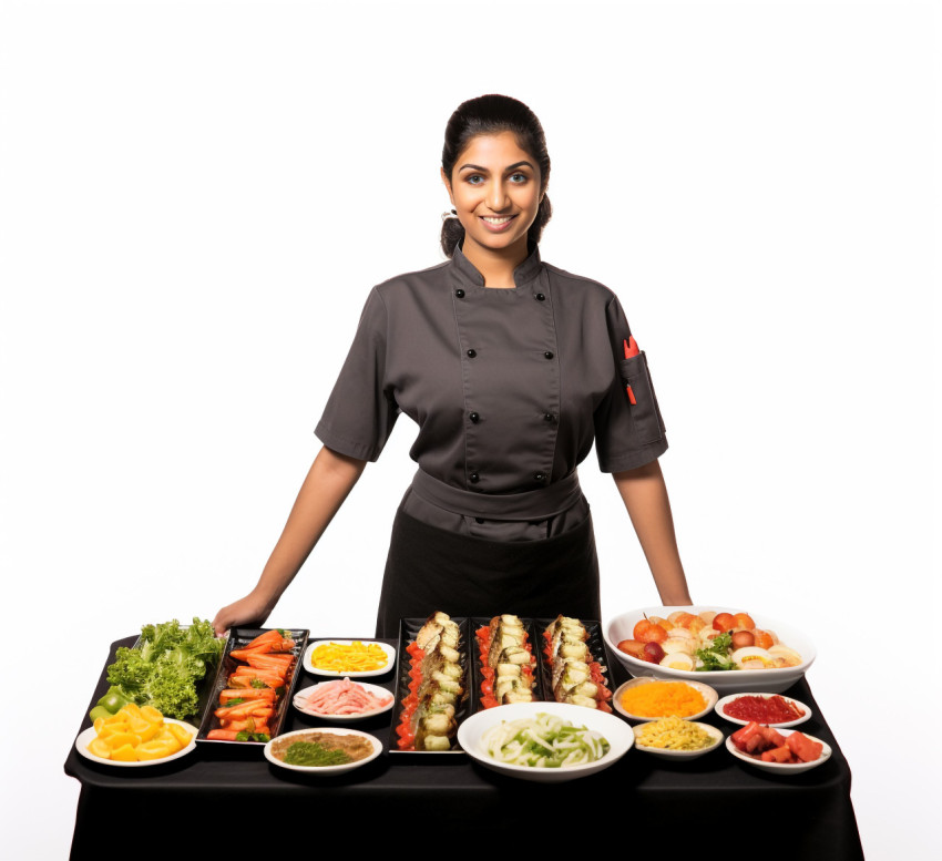 Skilled Indian chef prepares delicious sushi rolls a white background