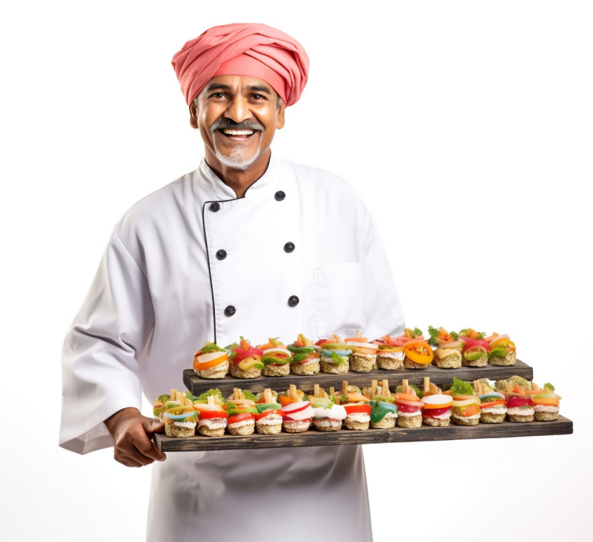 Skilled Indian sushi chef posing against a white background