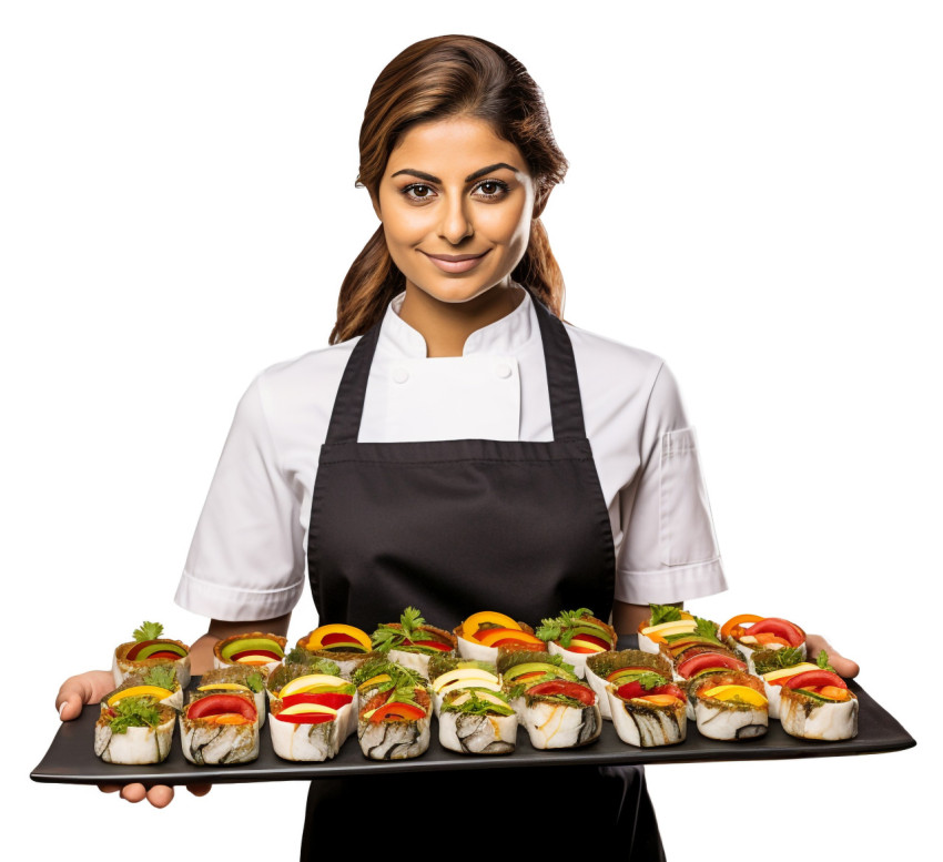 Skilled Indian chef prepares delicious sushi rolls a white background