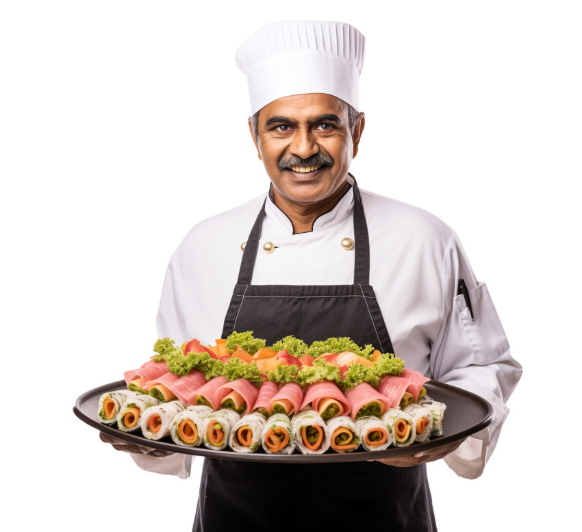 Skilled Indian sushi chef posing against a white background