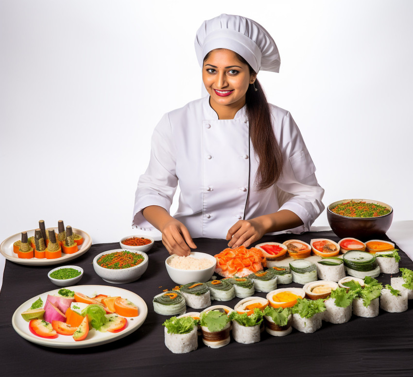 Skilled Indian chef prepares delicious sushi rolls a white background