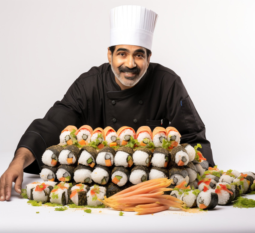 Skilled Indian sushi chef posing against a white background