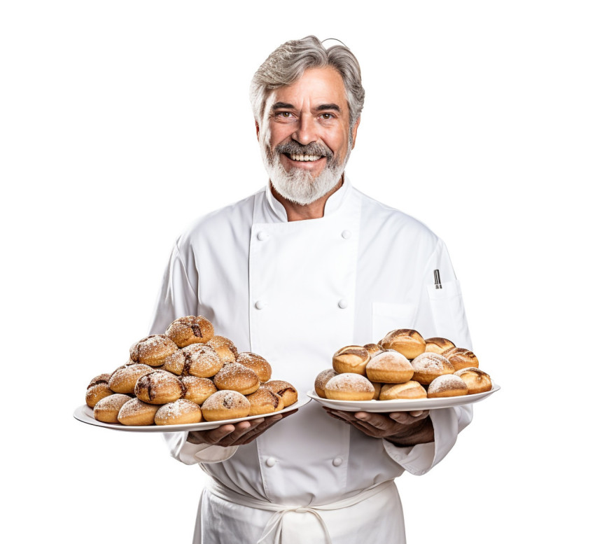 Happy male baker in white uniform against a white background