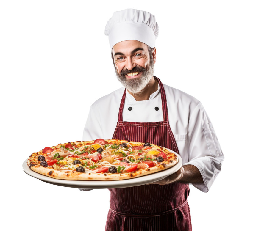 Cheerful pizza chef isolated on white background