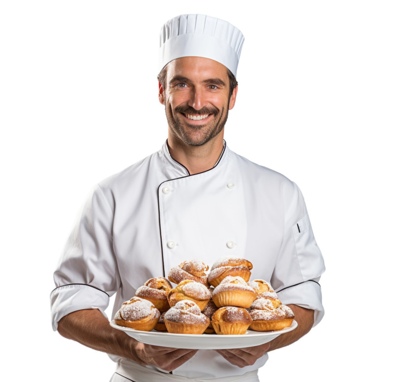 Happy male baker in white uniform against a white background