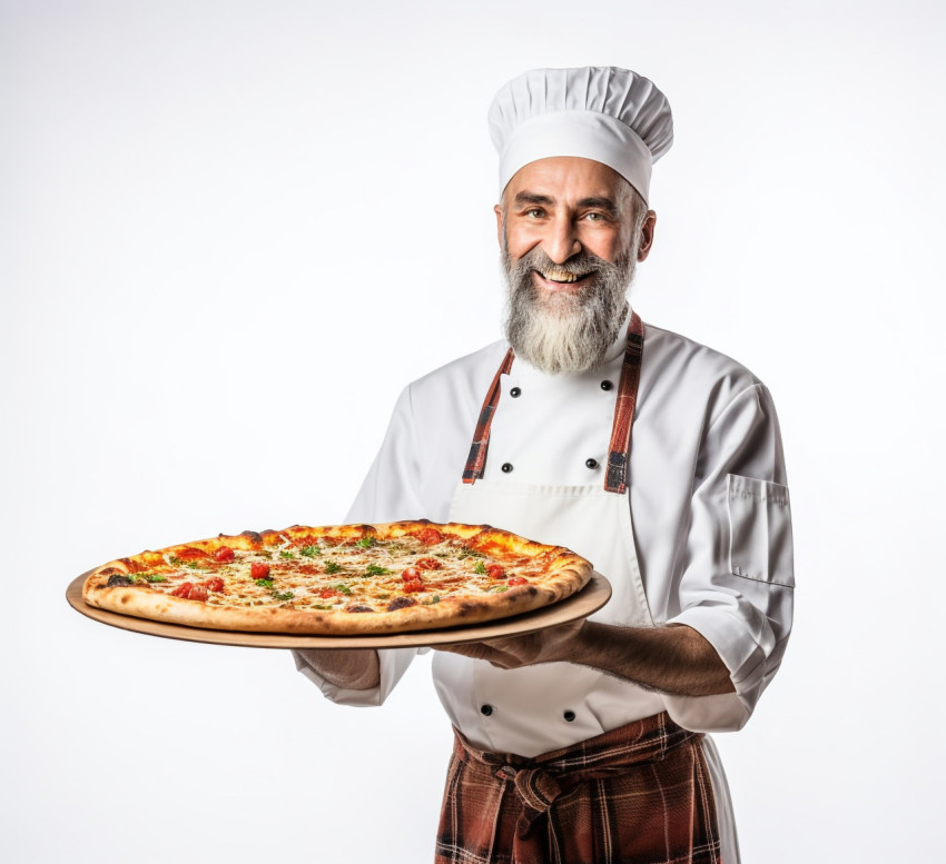 Cheerful pizza chef isolated on white background