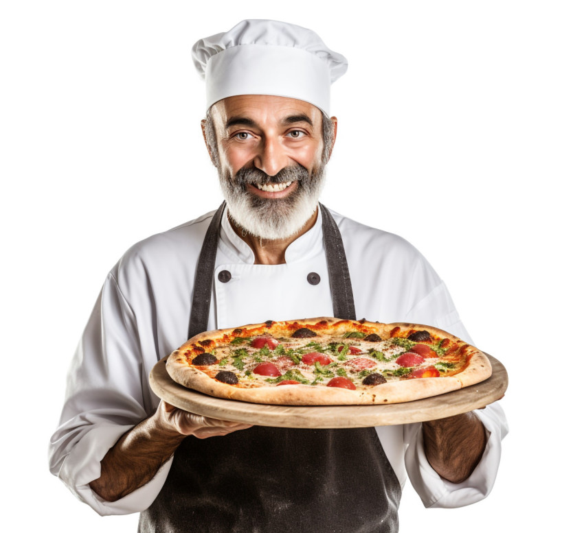 Cheerful pizza chef isolated on white background