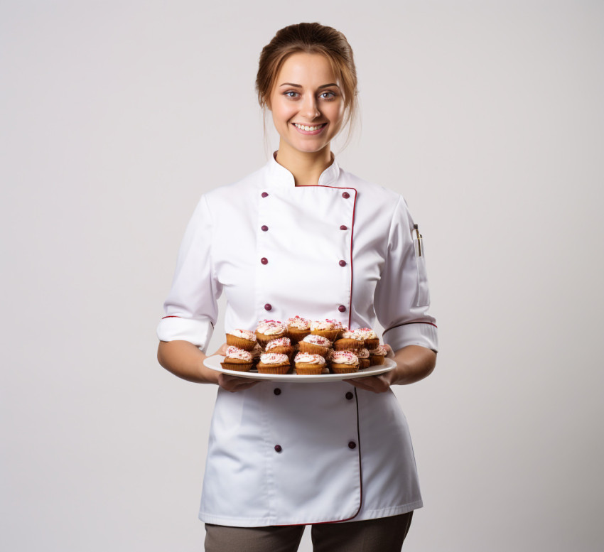 Happy female baker posing on white background