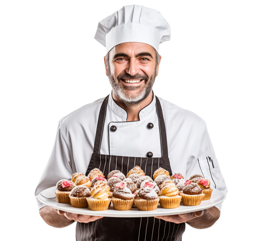 Happy male baker in white uniform against a white background