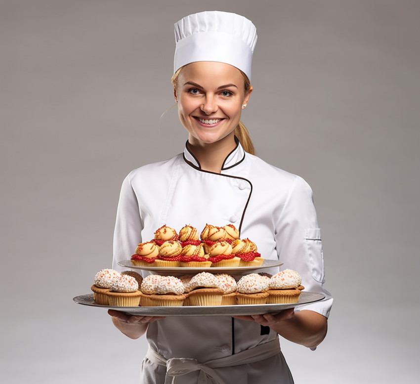 Happy female baker posing on white background