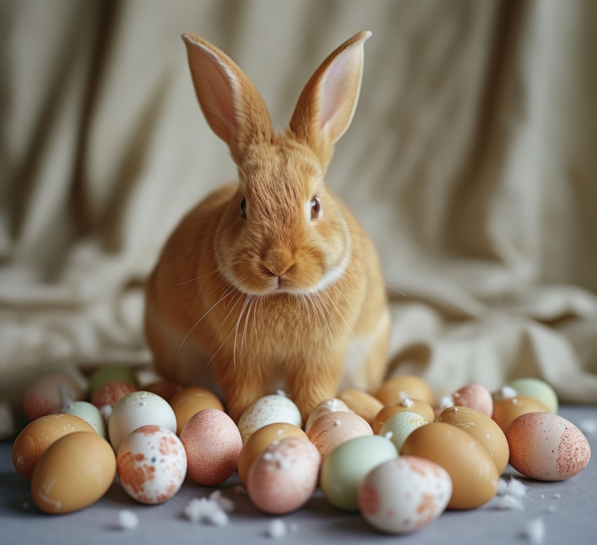 Cute bunny sitting by a pile of colorful easter eggs creating an adorable scene for the holiday celebration