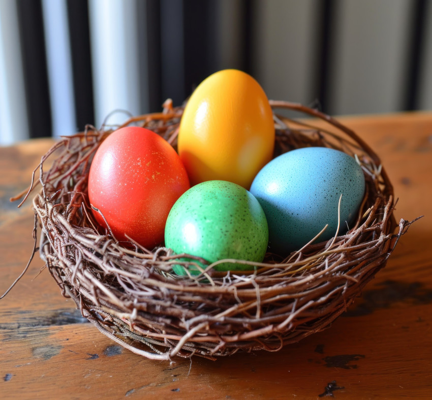 Colorful eggs in a nest