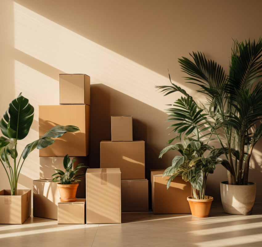 Room with moving boxes and a plant