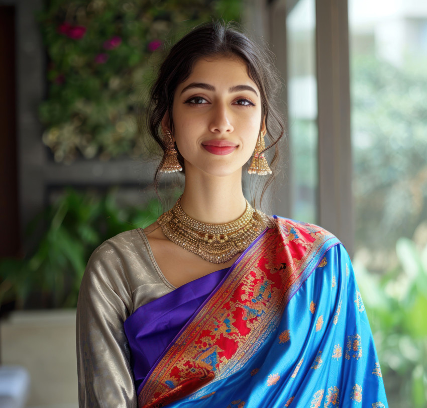 Woman in wearing a colorful marathi sari