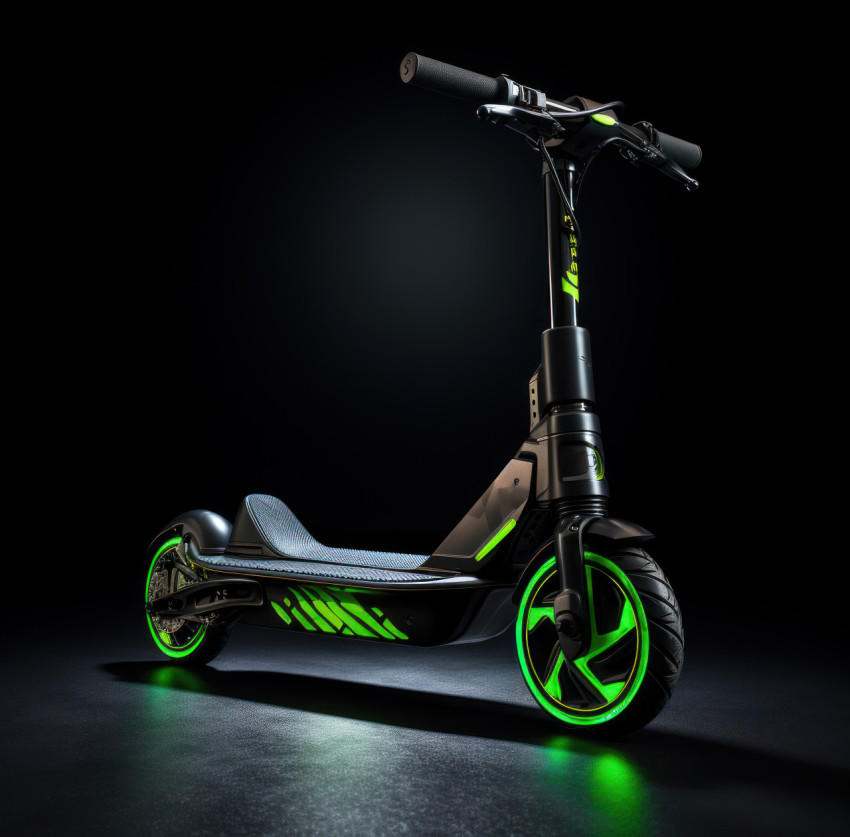 A electric scooter in green and black on a black backdrop