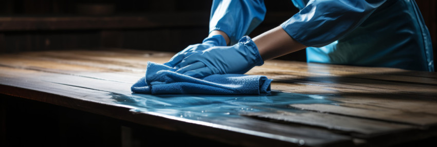 A lady wearing blue rubber gloves cleans wooden boards with care